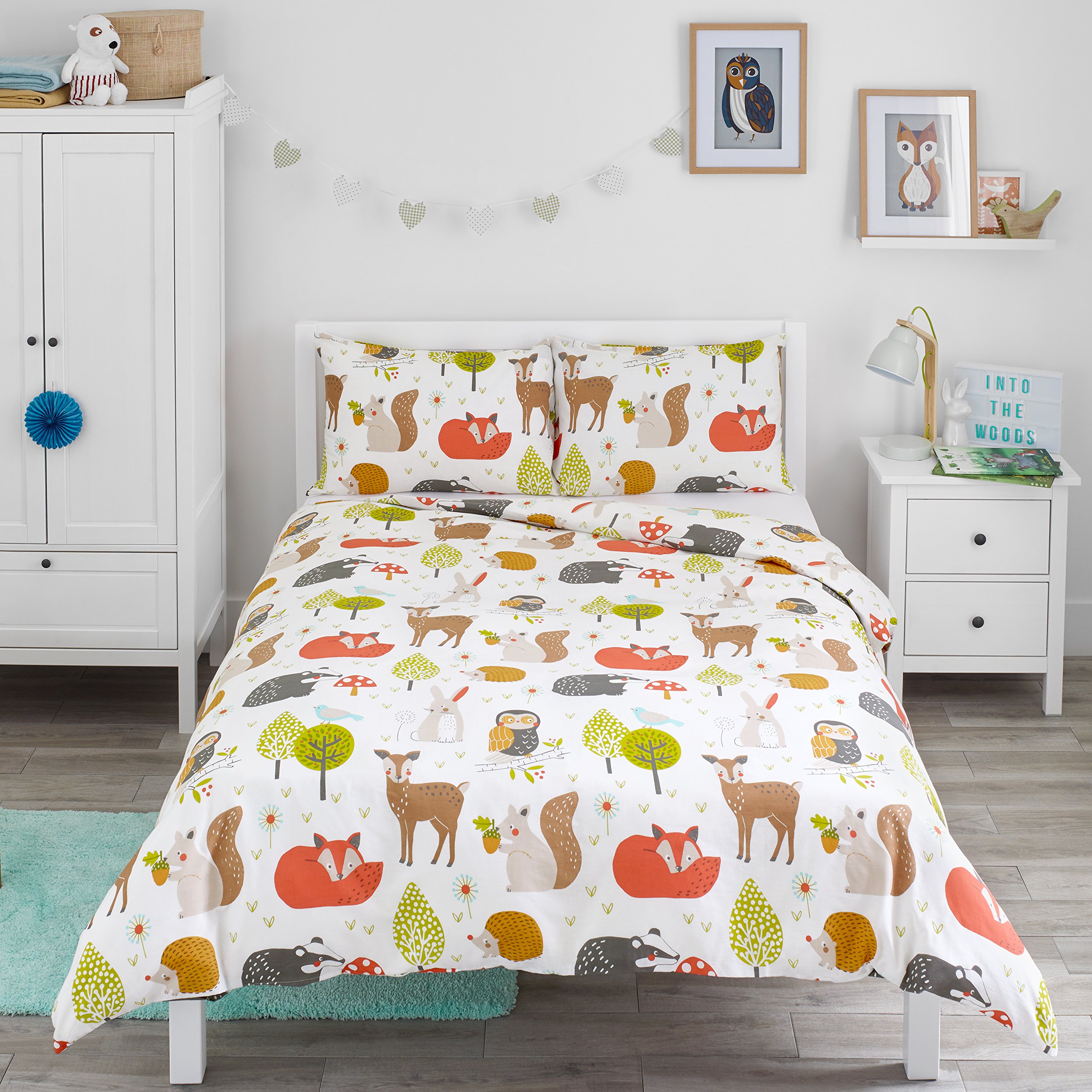 Bloomsbury Mill - Kids Double Duvet Set - Kids Double Bedding for Boys and Girls - Woodland Animals - Childrens Double Bed Duvet Cover Set with 2 x Pillow Cases - 200x200cm