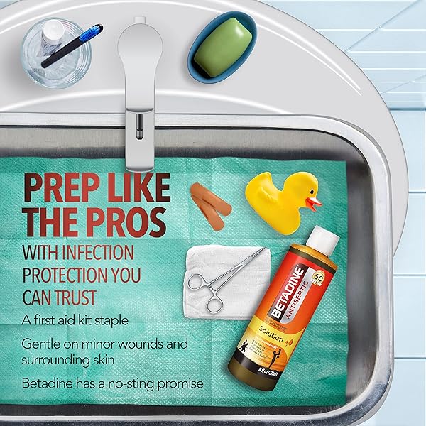 BETADINE ANTISEPTIC FIRST AID SOLUTION, POVIDONE-IODINE 10%, INFECTION PROTECTION, KILLS GERMS IN MINOR CUTS SCRAPES AND BURNS, NO STING PROMISE, NO ALCOHOL OR HYDROGEN PEROXIDE, 8 FL OZ