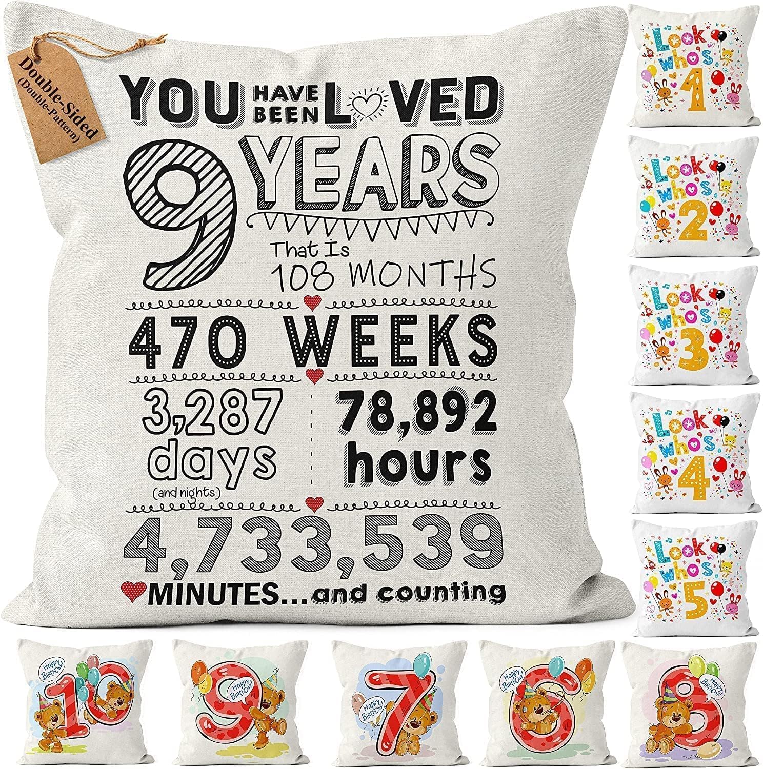 Kies CROWNLY® (Double-Sided) Gifts for 9 Year Old Girls and Boy 9th Birthday Decorations Cushion Cover 18x18 Inches Girls Party Decorations Gifts Presents for 9 Year Olds Boys Happy 9th Birthday — image 1