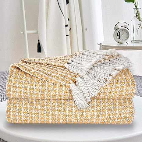 Amazon Com Glamburg 100 Cotton Throw Blanket For Couch Sofa Bed Beach Outdoor 50x60 Cotton Throws Blanket For Adults And Kids All Season Waffle Weave Farmhouse Throw Blanket Mustard Home Kitchen