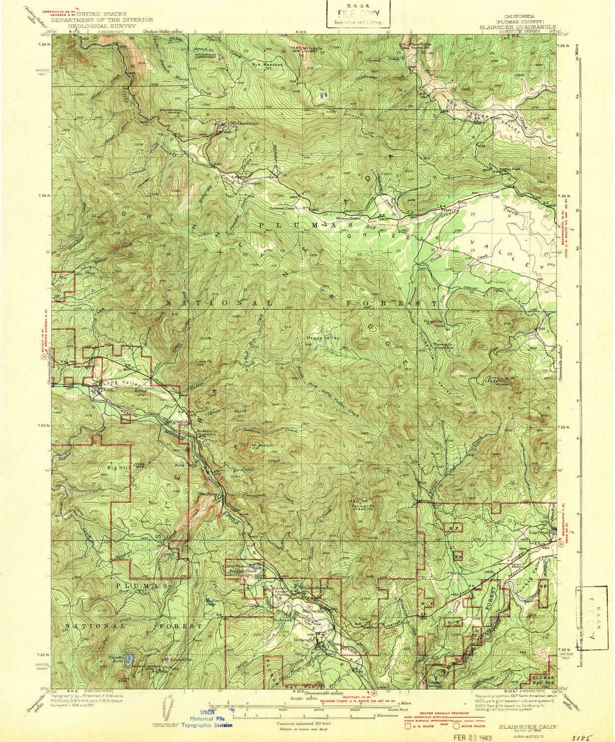 YellowMaps Blairsden CA topo map, 1:62500 Scale, 15 X 15 Minute, Historical, 1943, 19.8 x 16.6 in