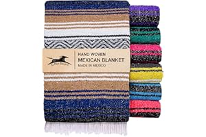 El Paso Designs Mexican Yoga Blanket – Colorful Falsa Serape Throw for Yoga, Beach, Picnic, Saddle, or Home Décor – Soft Woven Boho Blanket (Blue and Tan)
