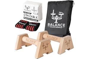 BALANCE CALISTHENICS Wooden Parallettes Push Up Bars Bundle With Bag, Gym Chalk , Wristwraps, Paralettes, Strap | Dip Bar Handles 2pcs Paralette Handstand Non-Slip Base Exercise Handle For Floor Home Workout Equipment Parallel Handstand Dips Ergonomical Perfect Pushup