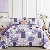 Xruibed Patchwork Quilt Set King Size 3 Pieces Plaid Floral Bedspread Coverlet Set Purple Patchwork Reversible Bedding Set Soft Microfiber Bedspread Set King for All Season(King,104"X90")