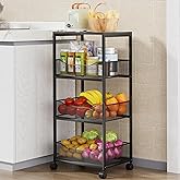 HapiRm Fruit Basket Kitchen Cart - 4-Tier Rolling Storage Cart with Wheels, Fruit Vegetable Basket with Wood Top, Pantry Utility Kitchen Organizer for Fruit Potato Onion Vegetable Bread Snack