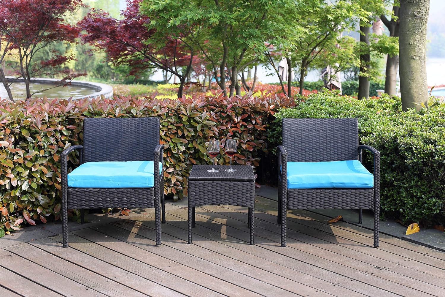 Leasbar Outdoor Chairs Set Bistro Set 3 Pieces Patio Conversation Set Furniture Set for Small Balcony Rattan Chairs and Table with Cushions Blue: Garden & Outdoor