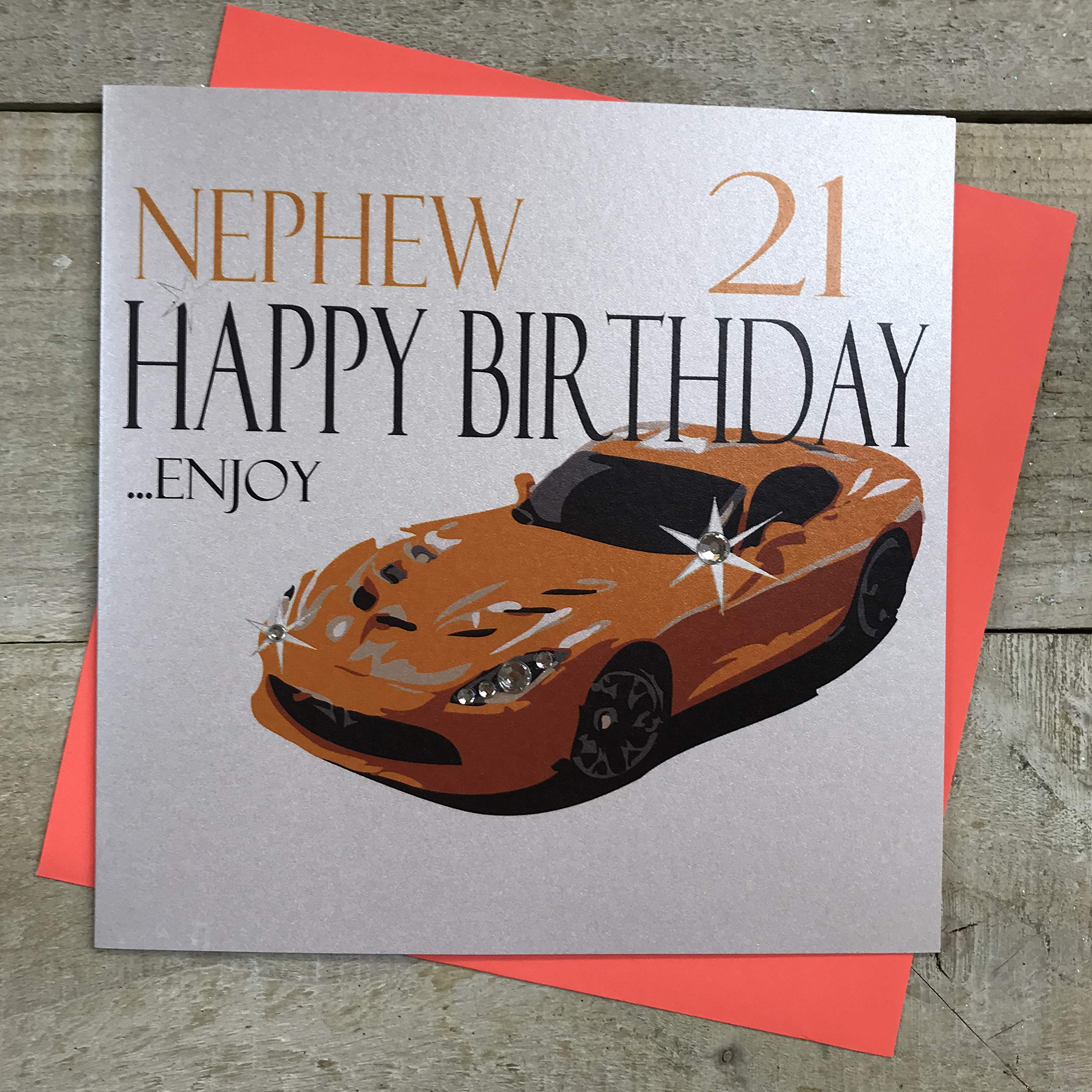 white cotton cards Handmade Nephew 21 Happy Birthday…Enjoy Orange Sports Car 21st Birthday Card, White, N62-N21