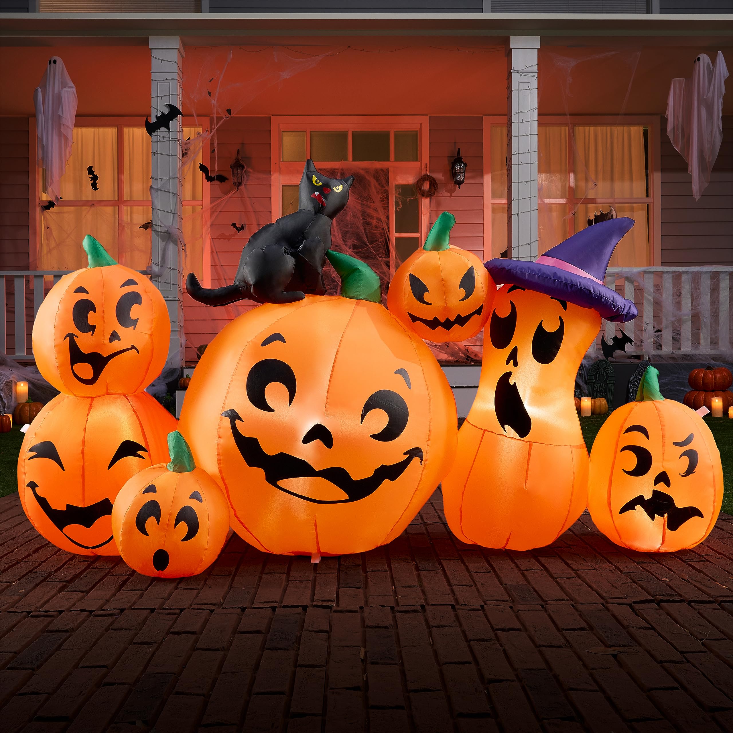 Photo 1 of Joiedomi 6 FT Long Halloween Inflatable Outdoor Decorations, Pumpkin Blow Up Yard Decorations, 7 Pcs Inflatable Pumpkin for Outside with Witch's Cat with Build-in LEDs for Halloween Decor