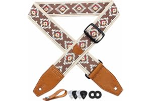 YIKOKO Guitar Strap 2 inch Embroidery Cotton Guitar Straps with Full Grain Leather End, for Bass, Electric and Acoustic Guitars, Free Strap Button, Strap Locks and Guitar Picks