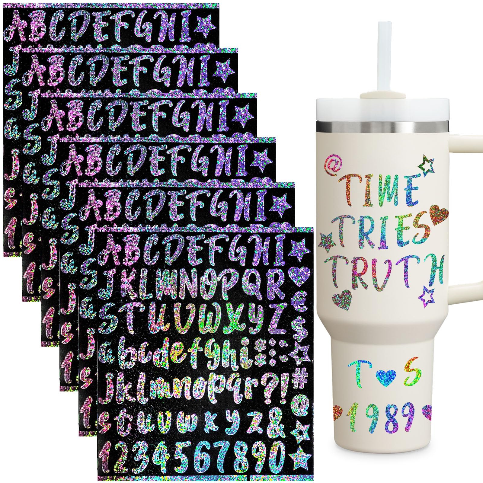 Photo 1 of AIERSA Vinyl Letter Stickers for Stanley Cups, Waterproof Alphabet Name Stickers Glitter to Persoanlize Your Cups, Holographic, 6 Sheets, regular