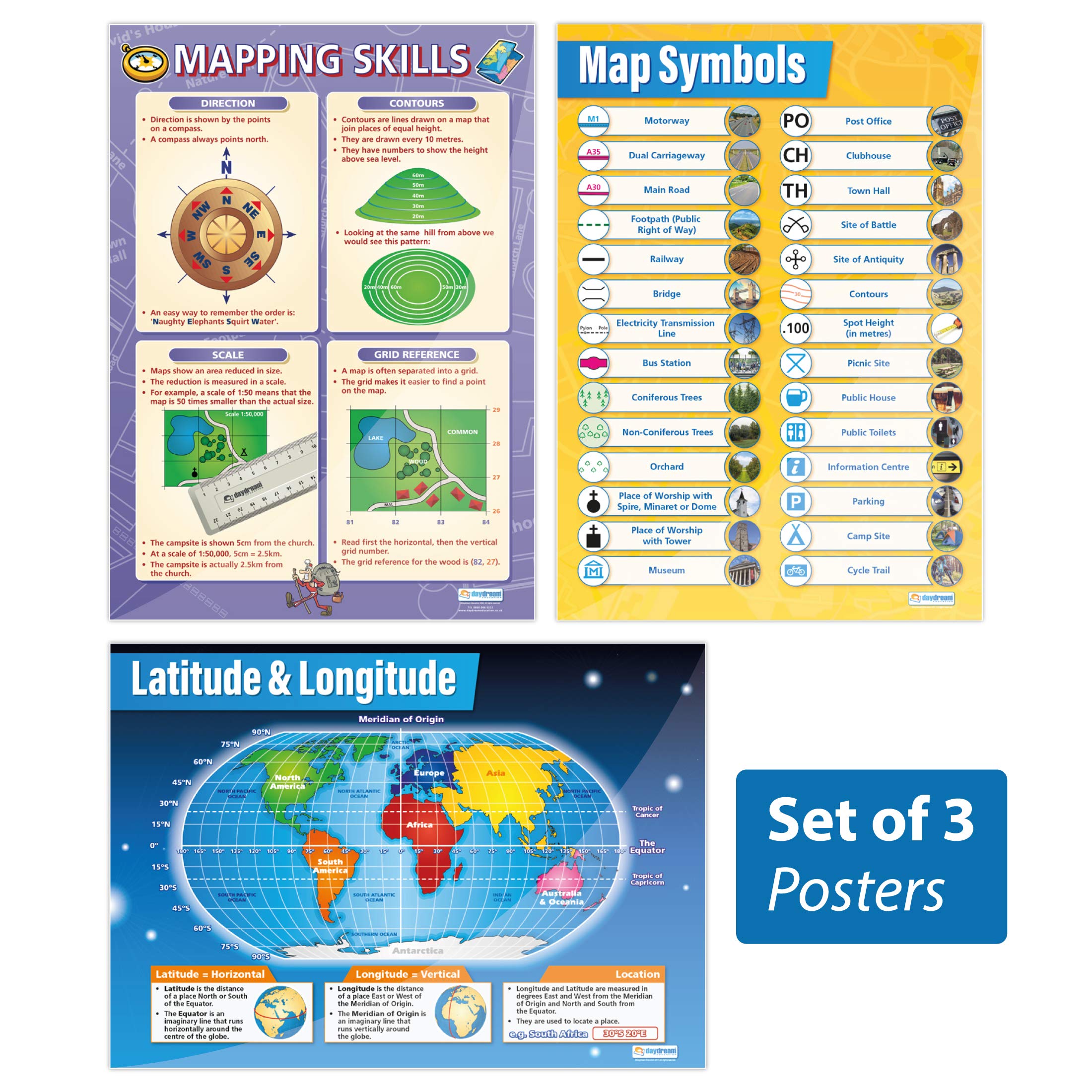Mapping Skills Posters - Set of 3 | Geography Posters | Laminated Gloss Paper measuring 850mm x 594mm (A1) | Geography Classroom Posters | Education Charts by Daydream Education