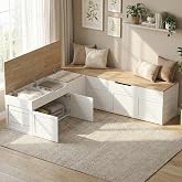 Kikihouse L-Shaped Corner Storage Bench, Backless Wood Bench, Wood | Hidden Flip-Top Storage, Push-to-Open Doors, Breakfast Nook Bench, for Dining Nook, Kitchen, Entryway, Cloakroom