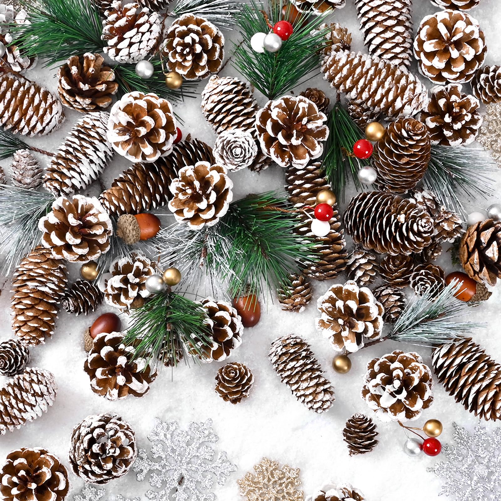 Photo 1 of 200-Piece Christmas Pinecone Decor Set, Natural Pinecone Acorns Berry Pine Branch Ornaments for Autumn and Winter Crafts Decorating, Bowl Vase Fillers, DIY Crafts Home Xmas Tree Gift Party Supplies