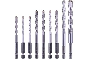 NordWolf 9-Piece Metric Carbide Tipped Masonry Drill Bit Set with 1/4" Hex Shank for Concrete, Brick, Block & Stone, Sizes 5.5(x3)-6.5(x3)-7-8-10mm