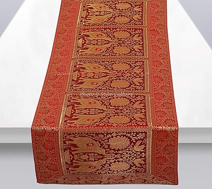 Stylo Culture Banarsi Brocade Jacquard & Satin Dining Table Runner Red Rectangular Bohemian Indian Home Decor Elephant Peacock Floral Ethnic Coffee Table Cloth | 60x16 Inches (152 x 40 cm)