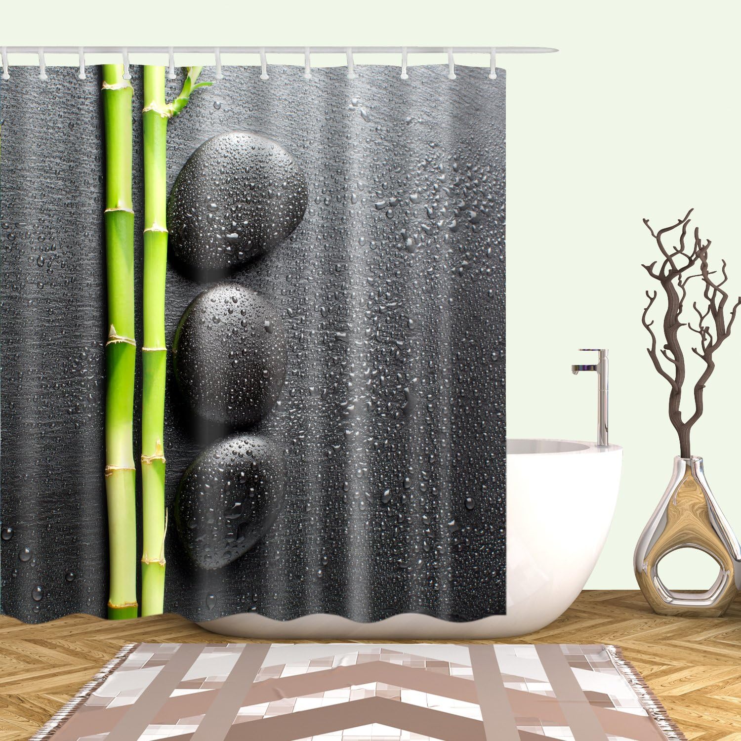 Zen Stone Shower Curtain Real Green Asian Bamboo Curtain Buddha Garden Bathroom Decor Amazon Co Uk Kitchen Home