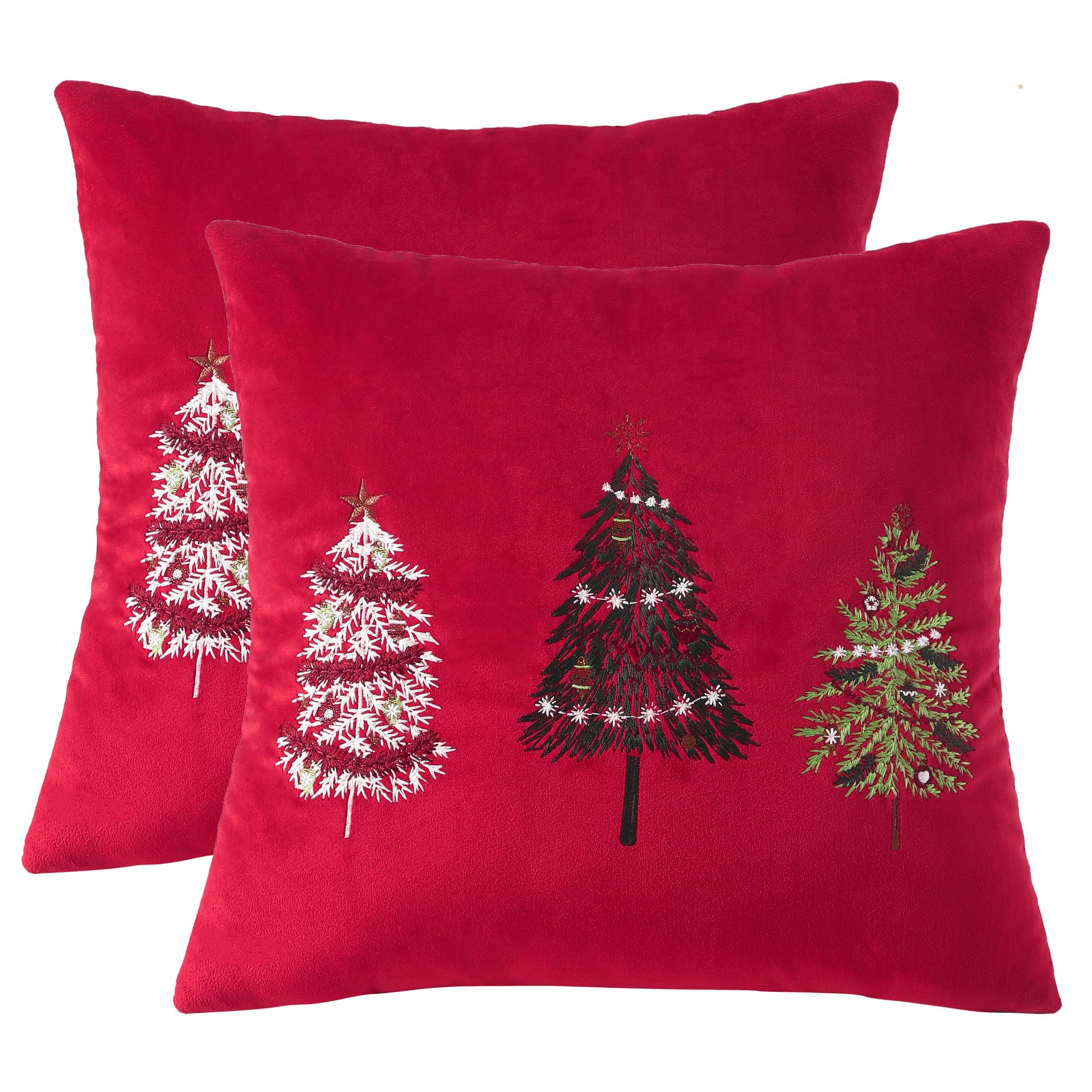 Tosleo Christmas Throw Pillow Cover 18 x 18 inch Set of 2 Red Christmas Tree Velvet Pillow case Party Decorations Embroidery Pillowcase Winter Holiday Cushion Case