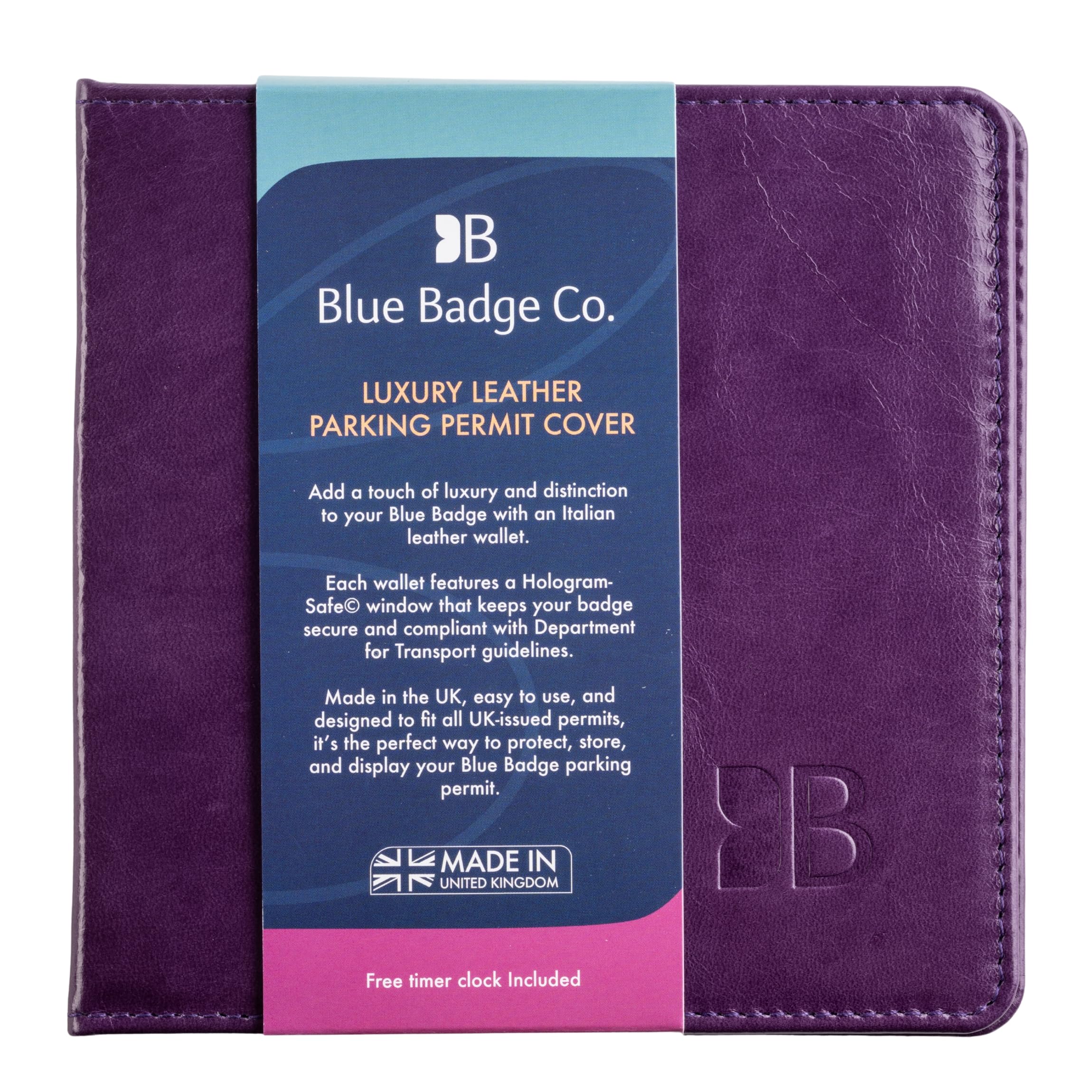 Blue Badge Co Italian Leather Parking Wallet in Purple Parking Permit Cover for Disabled Badge, Hologram Safe Design, Free Timer Clock Included, Fits New Badge
