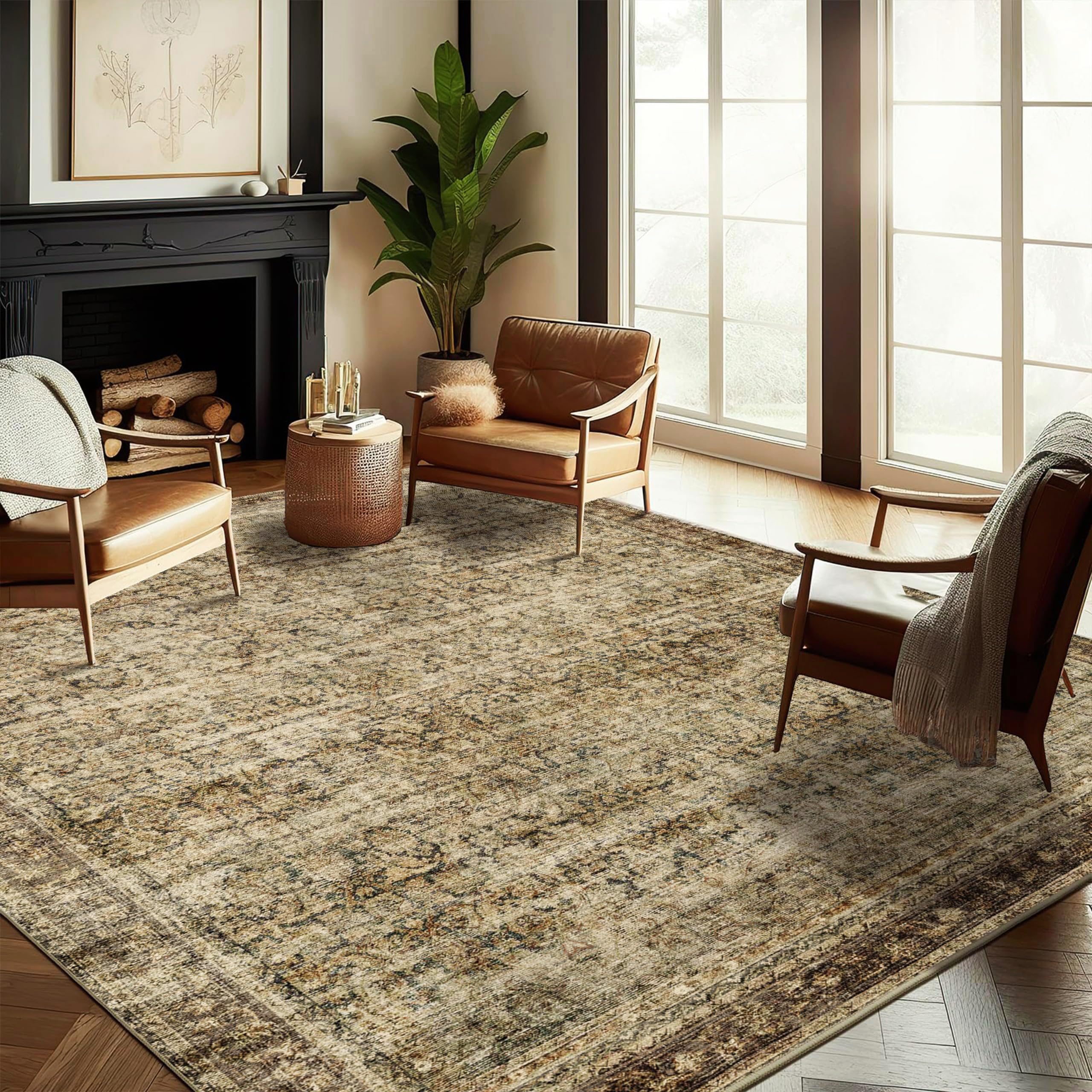 Photo 1 of CHAMPLANT Area Rug 9x12 Washable Brown Vintage Traditional Mat Distressed Indoor Foldable Thin Retro Accent Floral Non Slip Carpet for Living Room Dining Room Office