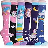 FNOVCO Girls Knee High Socks Kids Crazy Fun Gift Cute Animal Patterns Cotton Long Socks 6 Pairs