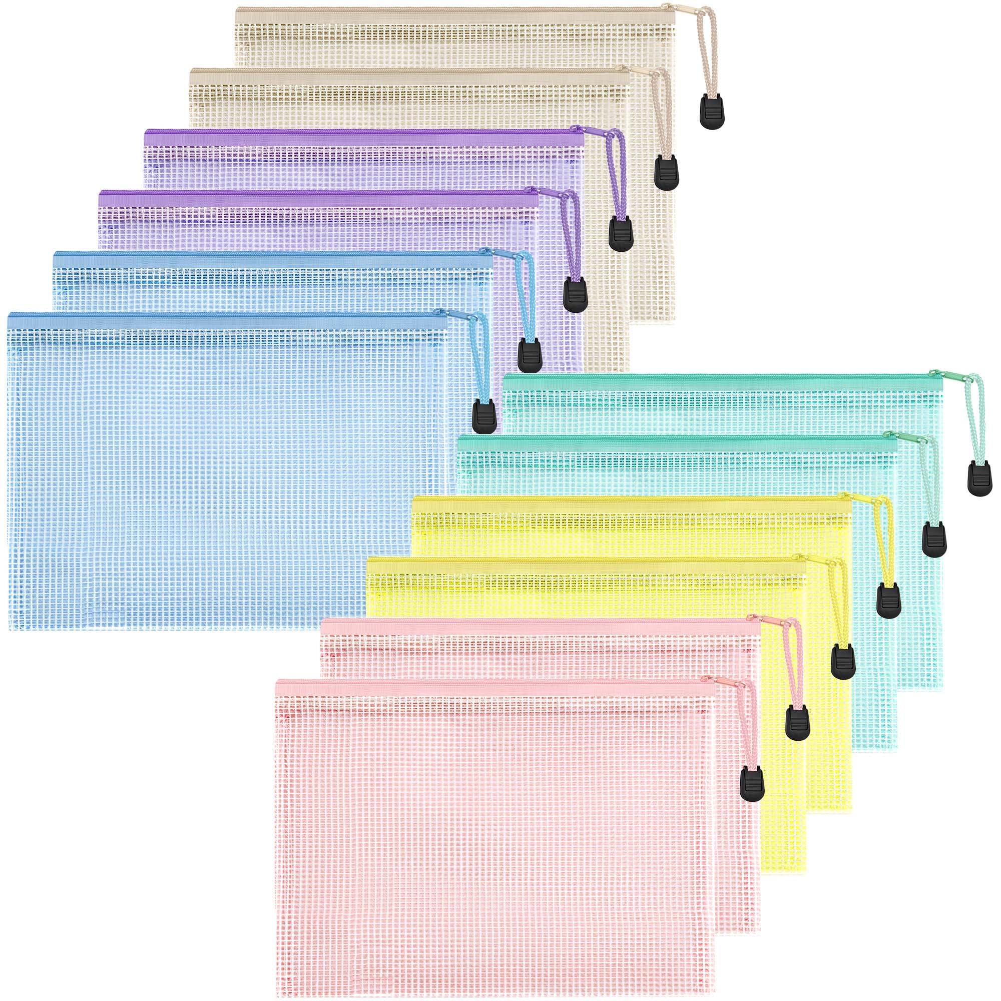 HEETA A5 Plastic Wallets,12Pack Sturdy Plastic Zip Wallets Waterproof Mesh Bags with Secure Zippers for School Office Supplies, Cosmetics Travel Storage, 6 Macaron Colors