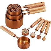 HARURI Copper Stainless Steel Measuring Cups and Spoons Set of 8, Wooden Handle with US and Metric Measurements