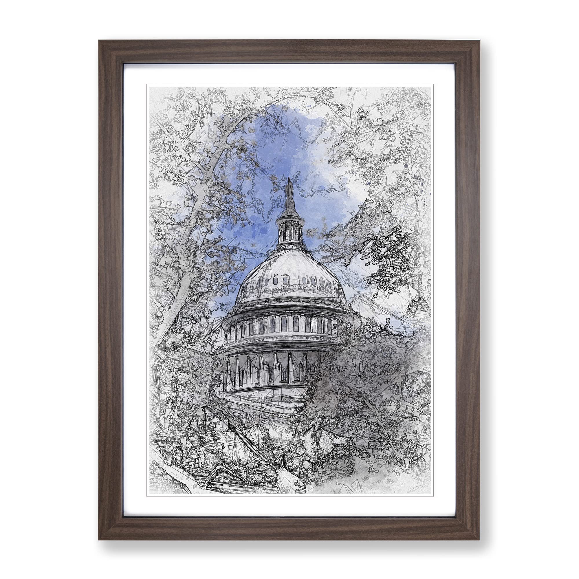 Capitol Hill & Cherry Blossom Tree In Abstract Modern Framed Wall Art Print, Ready to Hang Picture for Living Room Bedroom Home Office Décor, Walnut A3 (34 x 46 cm)