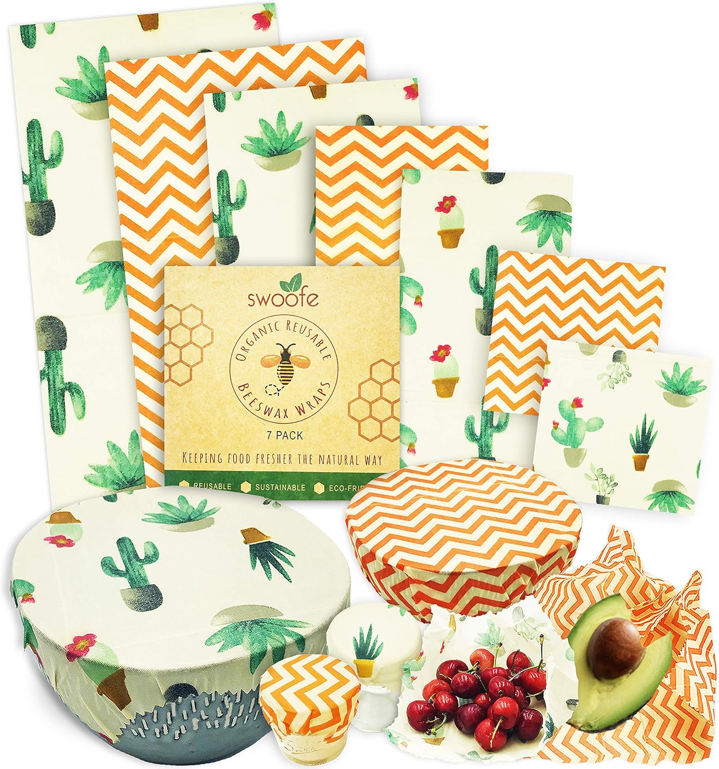 SWOOFE Reusable Beeswax Food Wrap (7 PACK), Zero Waste, Beeswax Wraps, Eco Friendly, Organic, Sustainable Products, Beeswax Wrap Food Storage, Bees Wrappers Cling Sandwich, Alternative To Plastic Bags