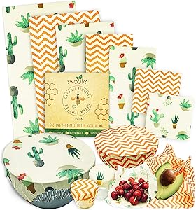 SWOOFE Reusable Beeswax Food Wrap (7 PACK), Zero Waste, Beeswax Wraps, Eco Friendly, Organic, Sustainable Products, Beeswax Wrap Food Storage, Bees Wrappers Cling Sandwich, Alternative To Plastic Bags