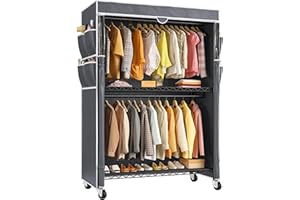 Raybee Clothes Rack with Cover, 81" H Clothing Racks for Hanging Clothes, Portable Closet with Wheels and Adjustable Feets, Max Load 440LBS, Black