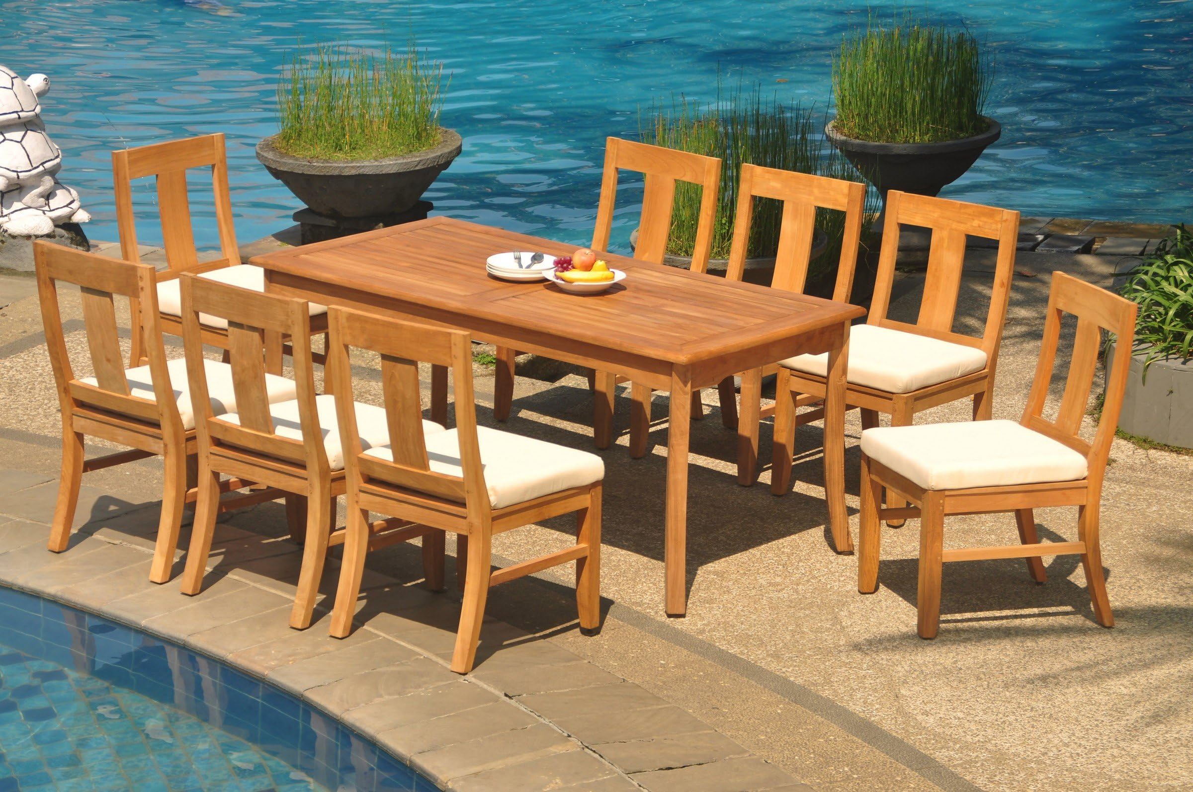 WholesaleTeakFurniture Grade-A Teak Wood 8 Seater 9 Pc Dining Set: 71" Rectangle Table and 8 Osborne Armless Chairs #WFDSOS59