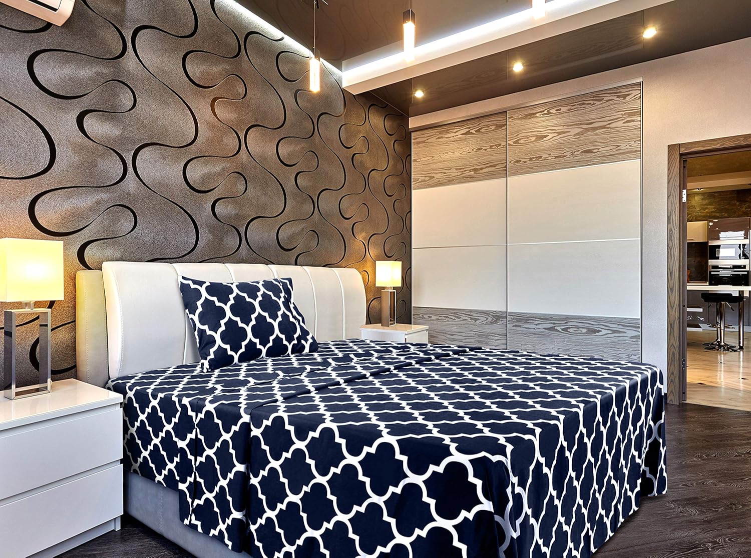 Utopia Bedding Printed Twin XL Sheet Set - 1 Fitted Sheet, 1 Flat Sheet and 1 Pillowcase - Soft Brushed Microfiber Fabric - Shrinkage and Fade Resistant (Twin XL, Navy Quatrefoil with White Pattern): Kitchen & Dining