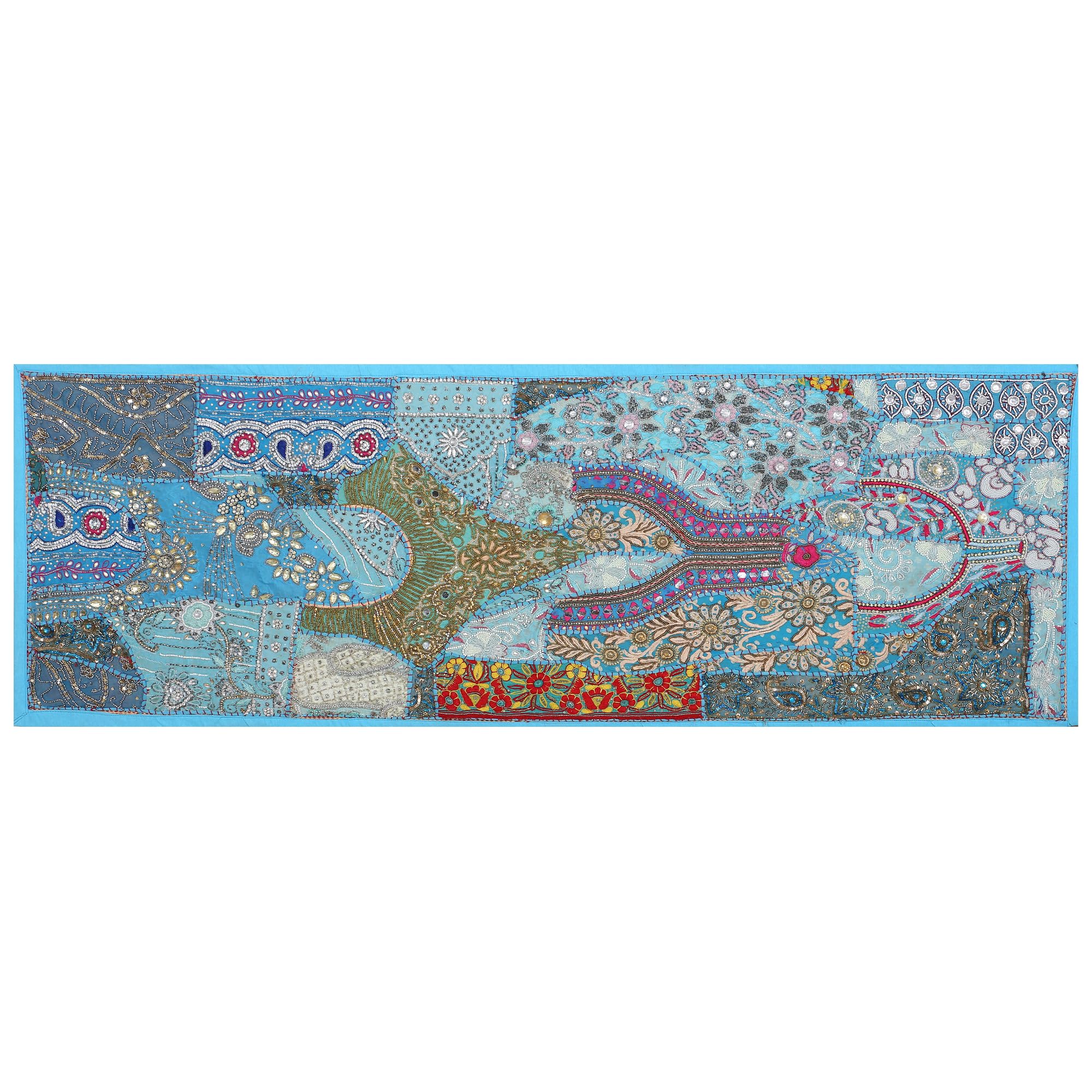 Ethnic Cotton Decorative Indian Dinning Art Table Patchwork Beads Embroidered Room Handmade Decor Cloth Table Runner (Turquoise, 20" x 60")