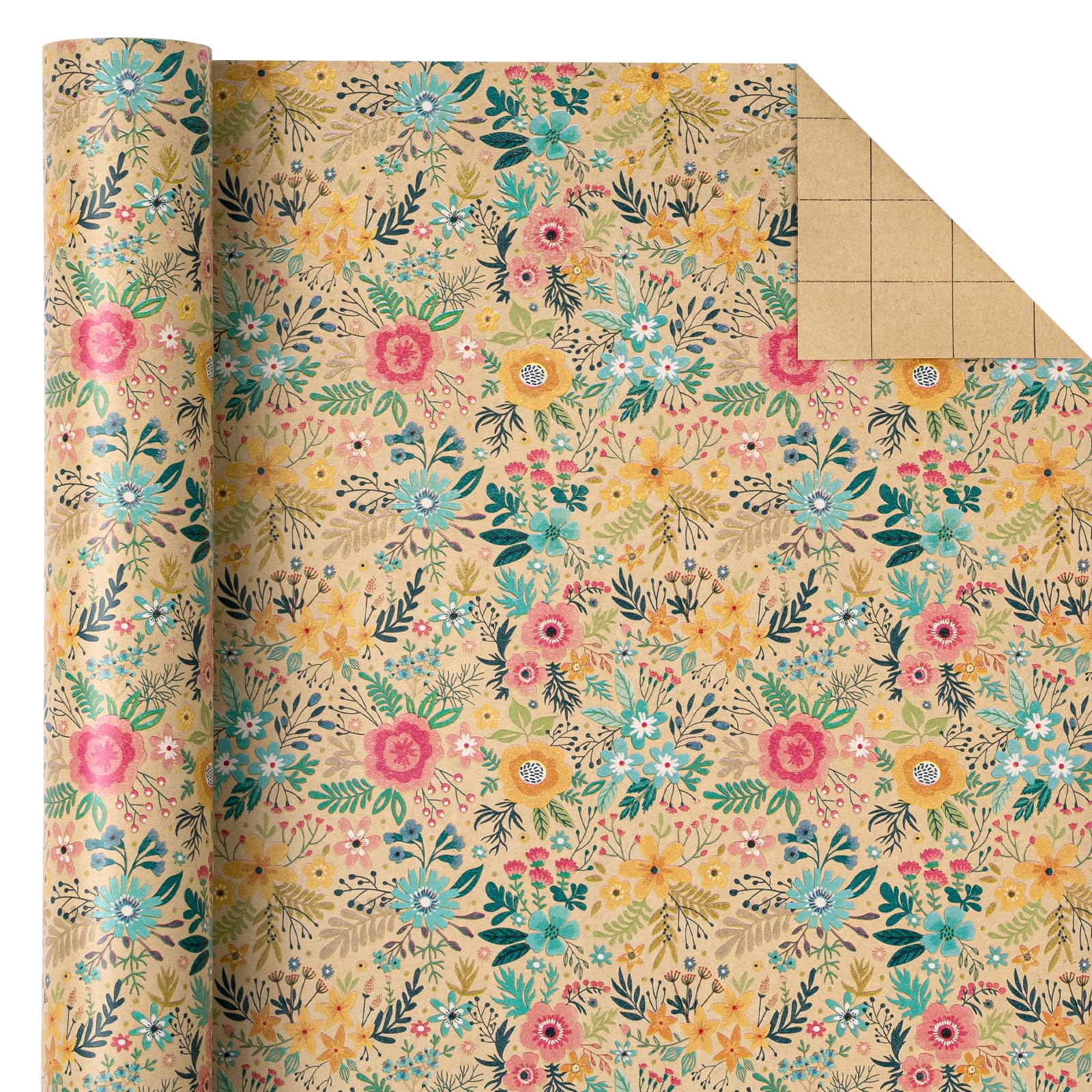 WRAPAHOLIC Kraft Floral Wrapping Paper Roll - Mini Roll - 17 Inch x 9.8 Feet - Spring Summer Garden Flower Design Perfect for Wedding, Bridal Shower, Birthday