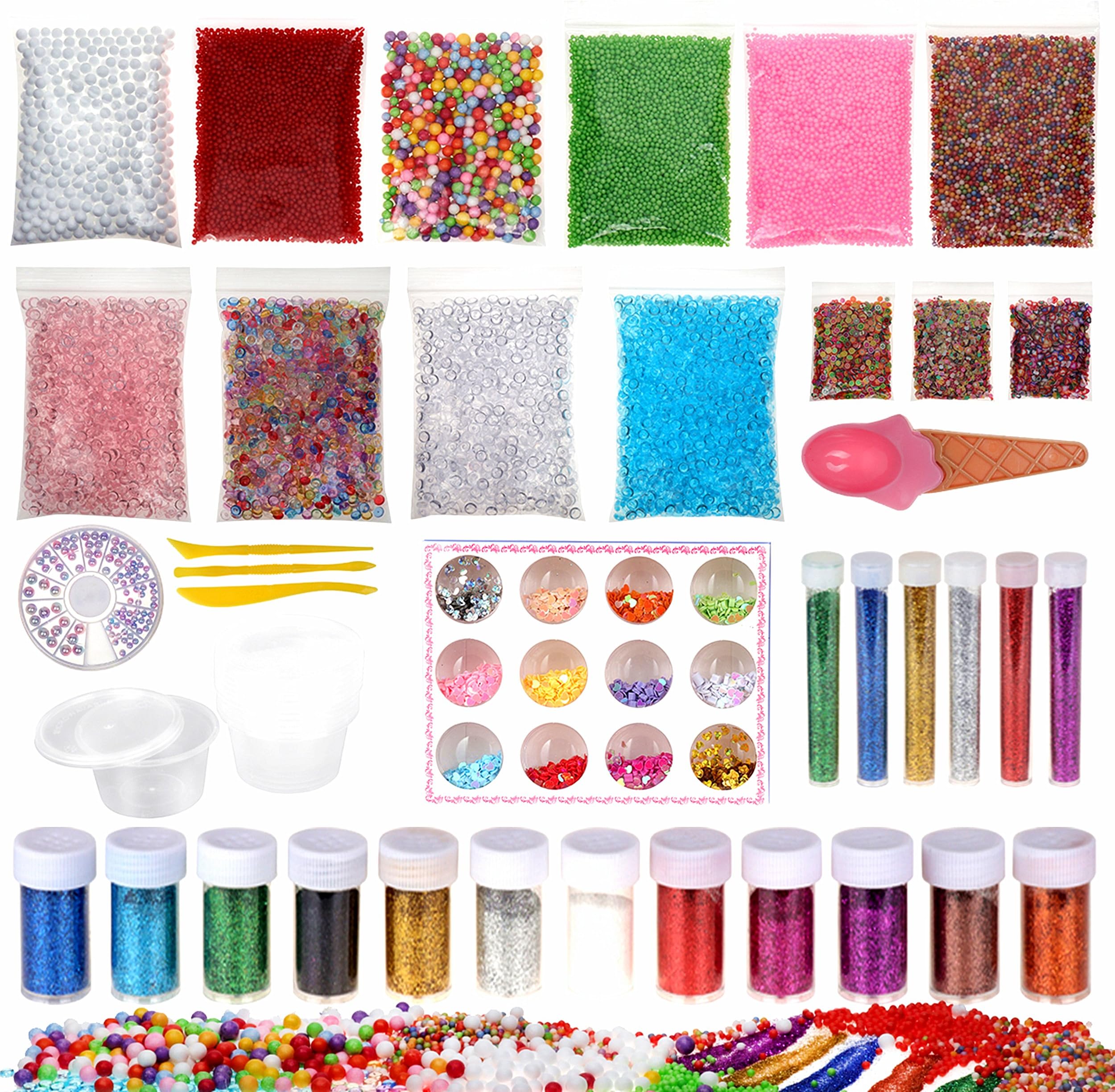 56 pack slime making kit for girls kids and boy including fishbowl beads glitter and sequins foam balls fimo clay slices spoons and 4oz container with lids cheap prime ship