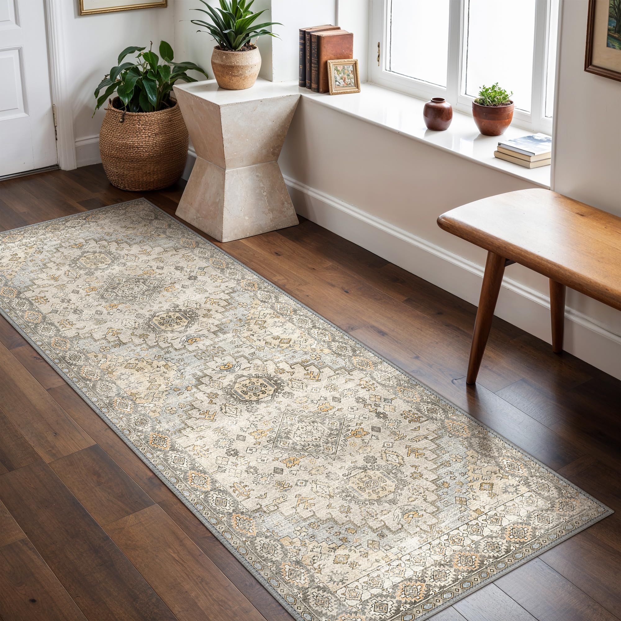Photo 1 of GENIMO Runner Rug 2x5 Non Slip Machine Washable Vintage Hallway Runner Rug, Low Pile Lightweight Rugs for Entryway, Hallway, Kitchen and Corridor, Antique Taupe