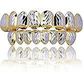 JINAO Grillz Teeth Men - Grills for Your Teeth 8 Top & Bottom Set, 18K Gold-Plated Brass Dental Grills with Molding Bars, Unisex Hip-Hop Rapper Costume Accessory