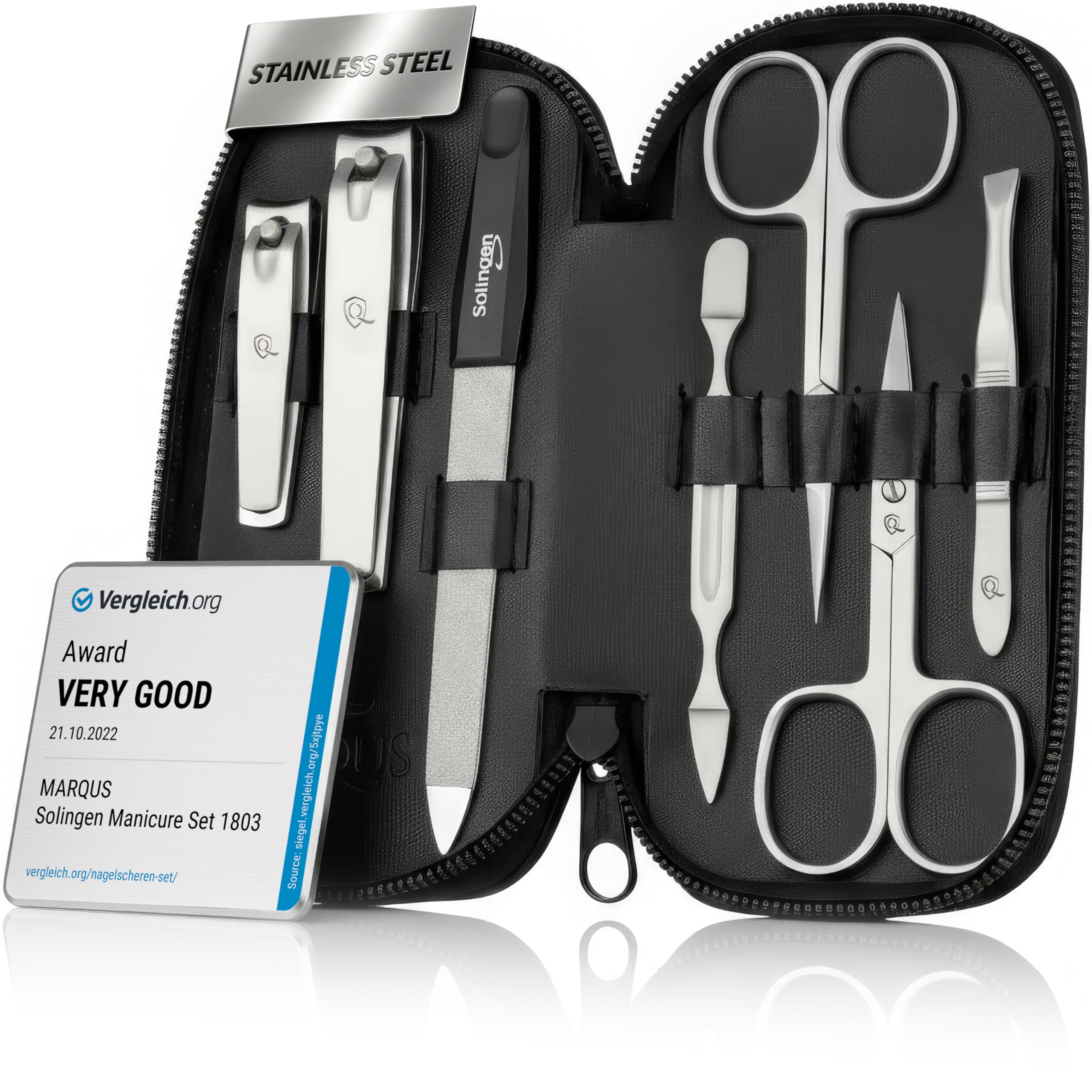 Solingen Manicure Set for Women & Men - Comparison Winner with Top Price/Performance Ratio - Made from Stainless Steel - Handy and Soft Case - 7-Piece Grooming Kit, Black