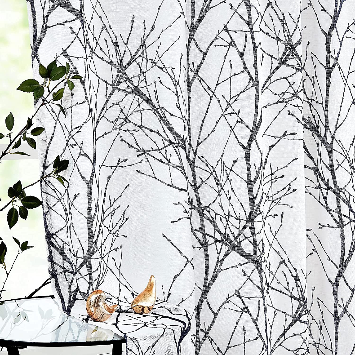 Fmfunctex Black Semi Sheer Curtains for Bedroom 72 Drop Voile Curtains for Living Room Tree Branch Eyelet Curtain Linen Textured Light Filtering Window Curtain Drapes for Dining Room 2 Panels