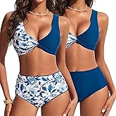 Hanna Nikole High Waisted Bikini Sets for Women, Color Block Swimsuits, Deep V Twist Front Bikini Top + Reversible Bottom