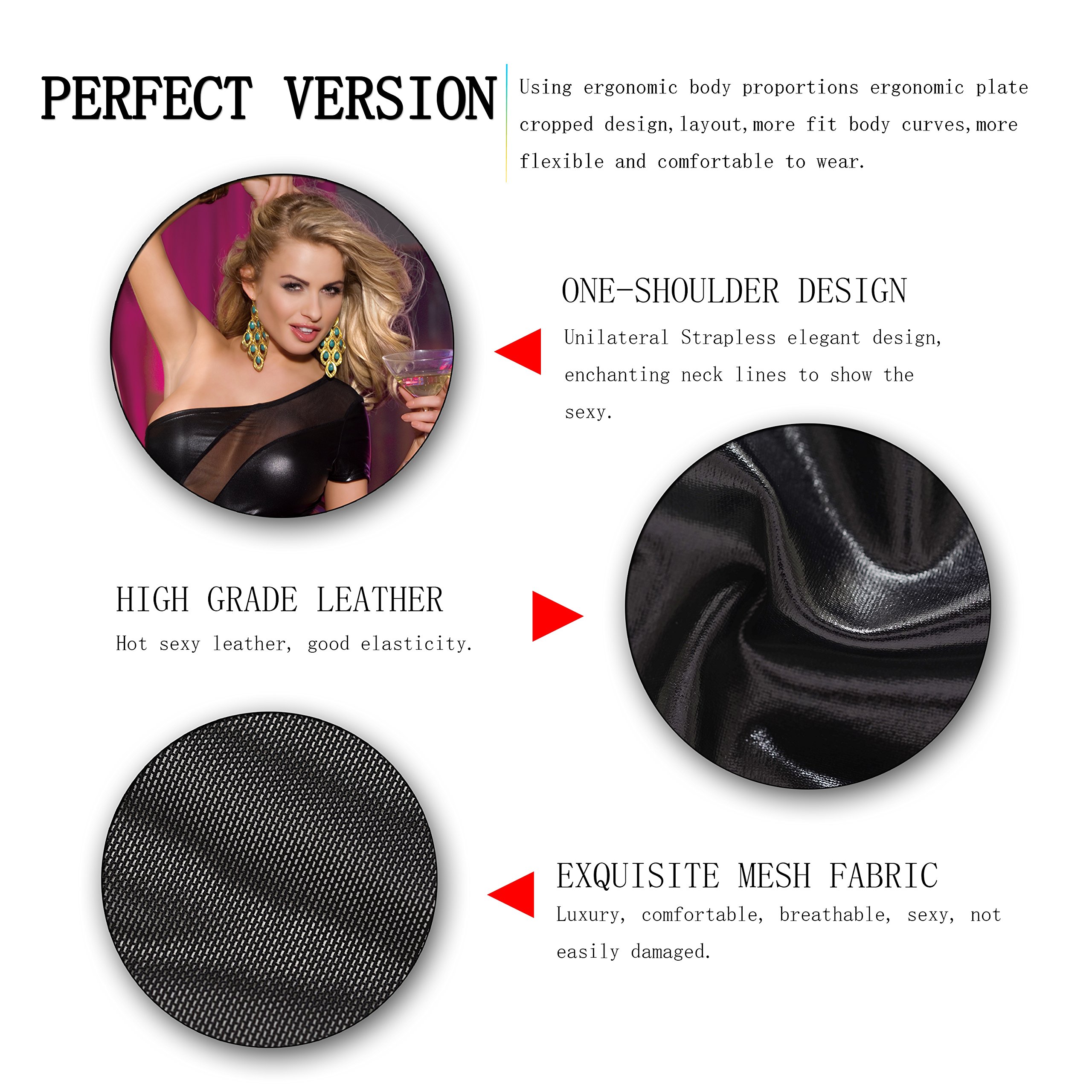 XSPICE Sexy Club Wear Dress Faux Leather Bodycon Wet Look One Shoulder Lingerie