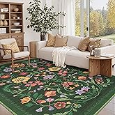 Washable Rug 8x10 Area Rugs for Living Room, Protea Floral Rug for Bedroom, Soft Vintage Non Slip Throw Rugs with Rubber Back, Low Pile Stain Resistant Boho Floral Carpet for Dining Room, Forest Green