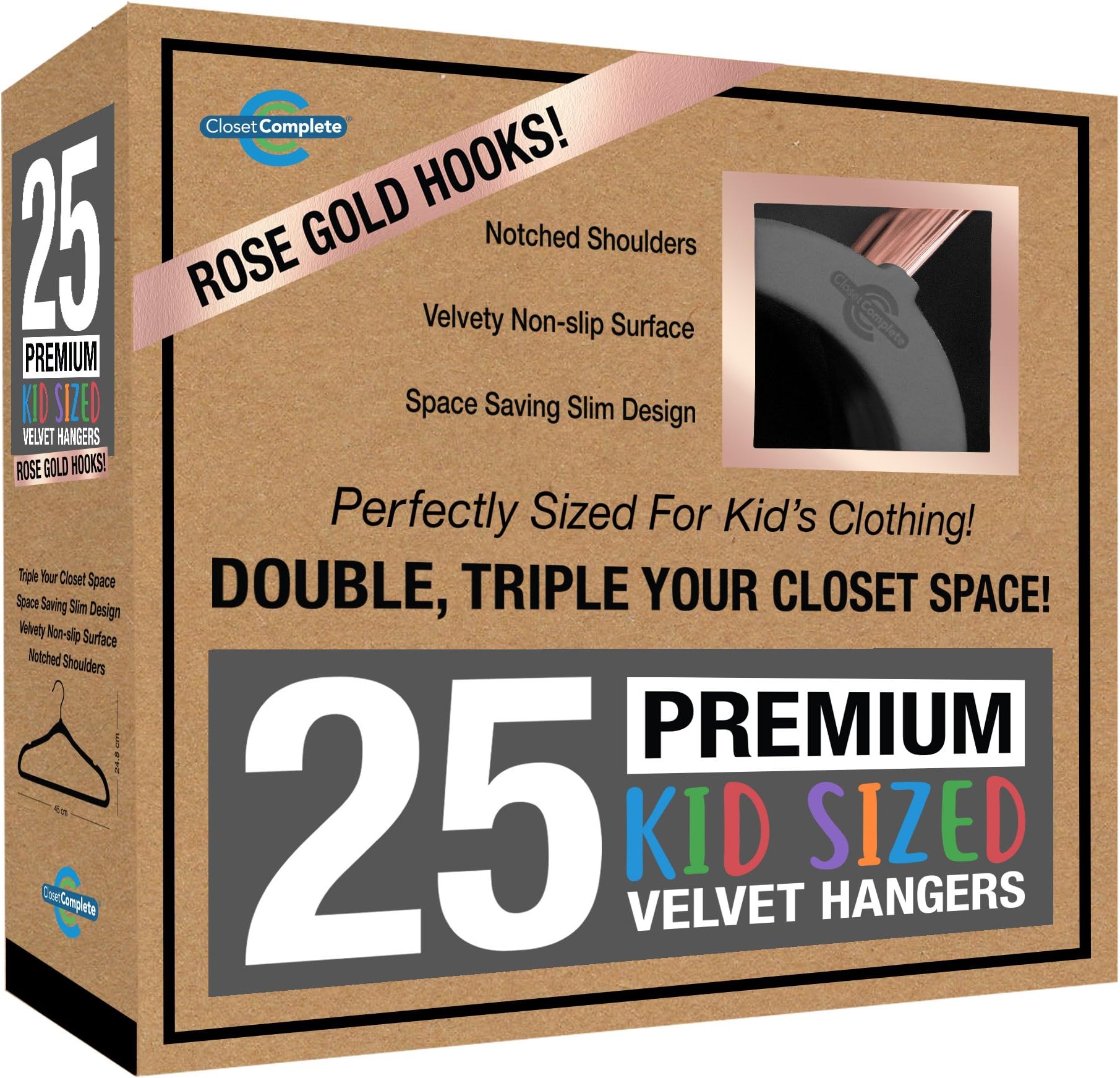 Closet Complete Kids Size, Premium Heavyweight, Virtually-UNBREAKABLE, Velvet Hangers, Ultra-Thin, Space Saving, No-Slip, Best Size For Kids 4-15 years, 360º Spin, Rose Gold Hooks, Gray, Set of 25