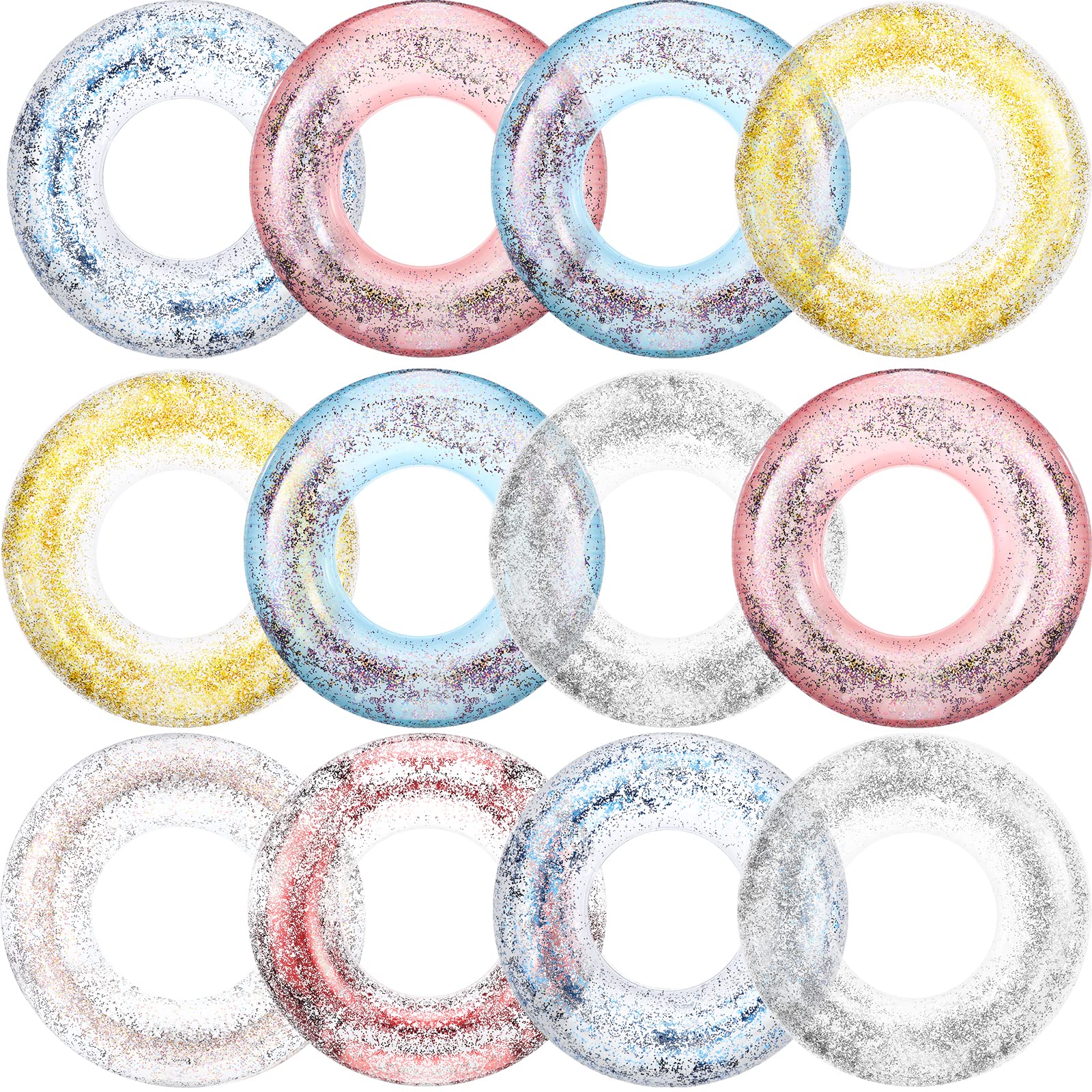 Photo 1 of 12 Pcs 7 Styles Inflatable Pool Floats Tube Transparent Swimming Ring 33.64 Inch with Colorful Glitters Pool Floats Adults Inflatable Glitter Pool Ring for Pool Beach Summer Outdoor Party Supply