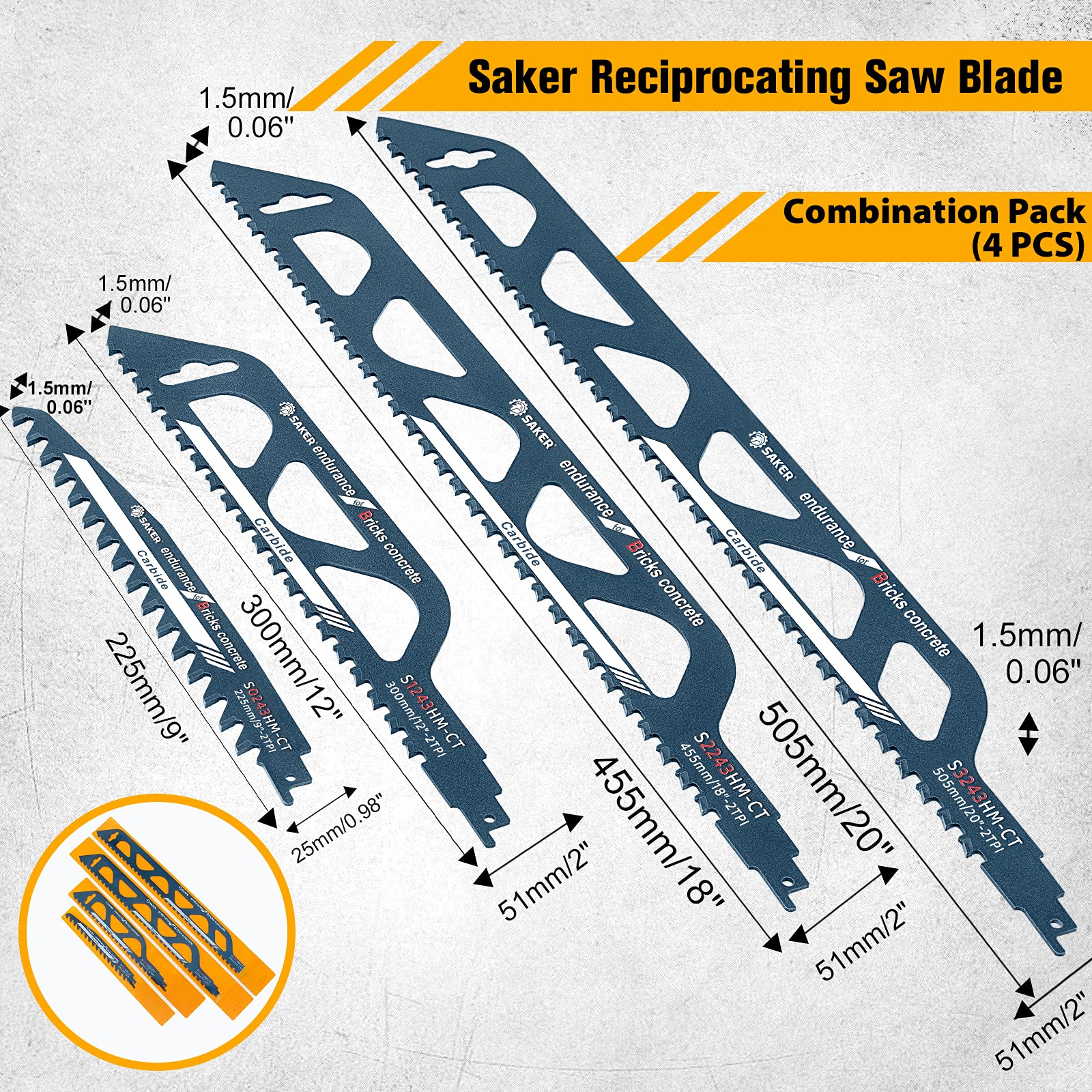 Saker Saw Blade-Demolition Masonry Reciprocating Hard Alloy Saw Blades for Cutting Wood, Porous Concrete, Brick Combination Pack(4 PCS), Blue