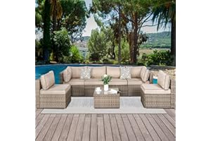 JAMFLY 7 Piece Outdoor Patio Furniture Sets, PE Rattan Wicker Sectional Patio Sofa Couch with Tea Table & Washable Cushions (Khaki)