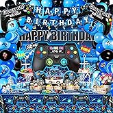 291PCS Video Game Birthday Decorations for Serves 20 Guests, Gamer Birthday Party Supplies Include Banner, Backdrop, Balloons, Plates, Cake Toppers, Video Game Theme Party Decoration for Kids