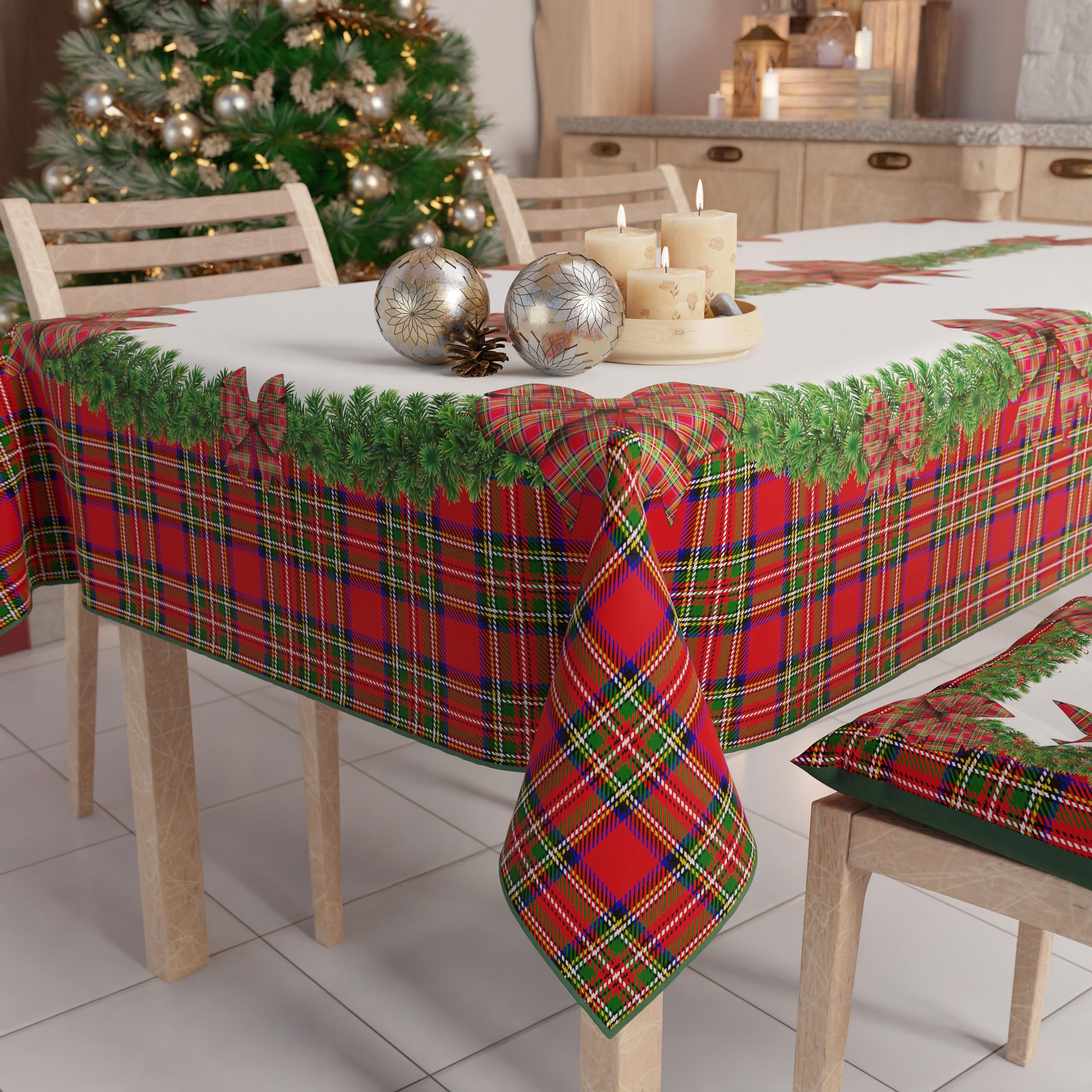 PETTI Artigiani Italiani Stain-Resistant Tablecloth Christmas – 140x180 cm Rectangular Festive Table Cover for Kitchen or Dining Table, Tartan Bow Design – 6 Seats, 100% Made in Italy — image 1