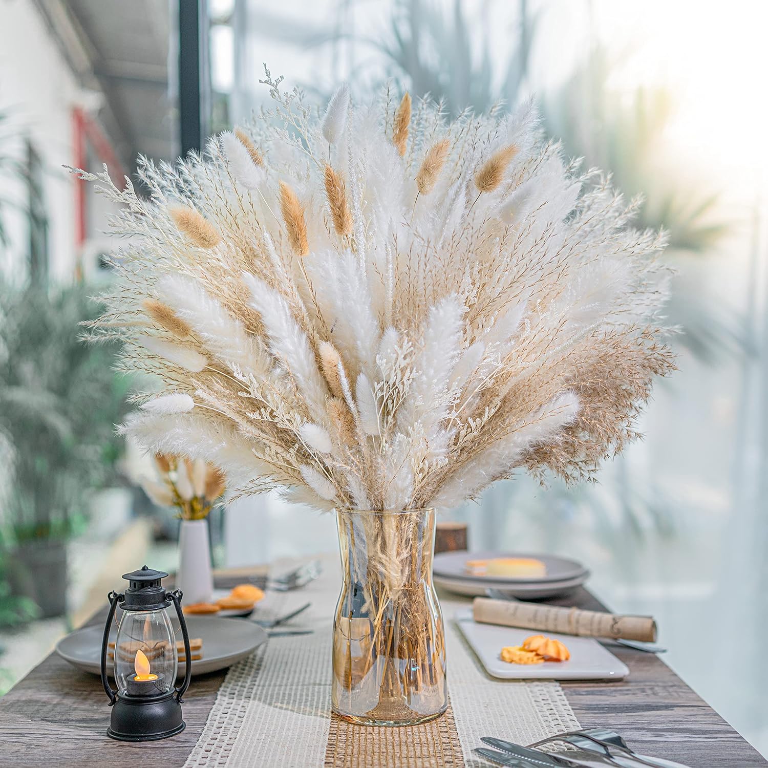 Dried & Preserved Flora - floradream 95 PCS Natural Pampas Grass Decor Bouquet | Boho Dried Floral Arrangement Centerpiece Table Decor Wedding Decor Rustic Decor, Natural, white, beige (Fdm-b-01)