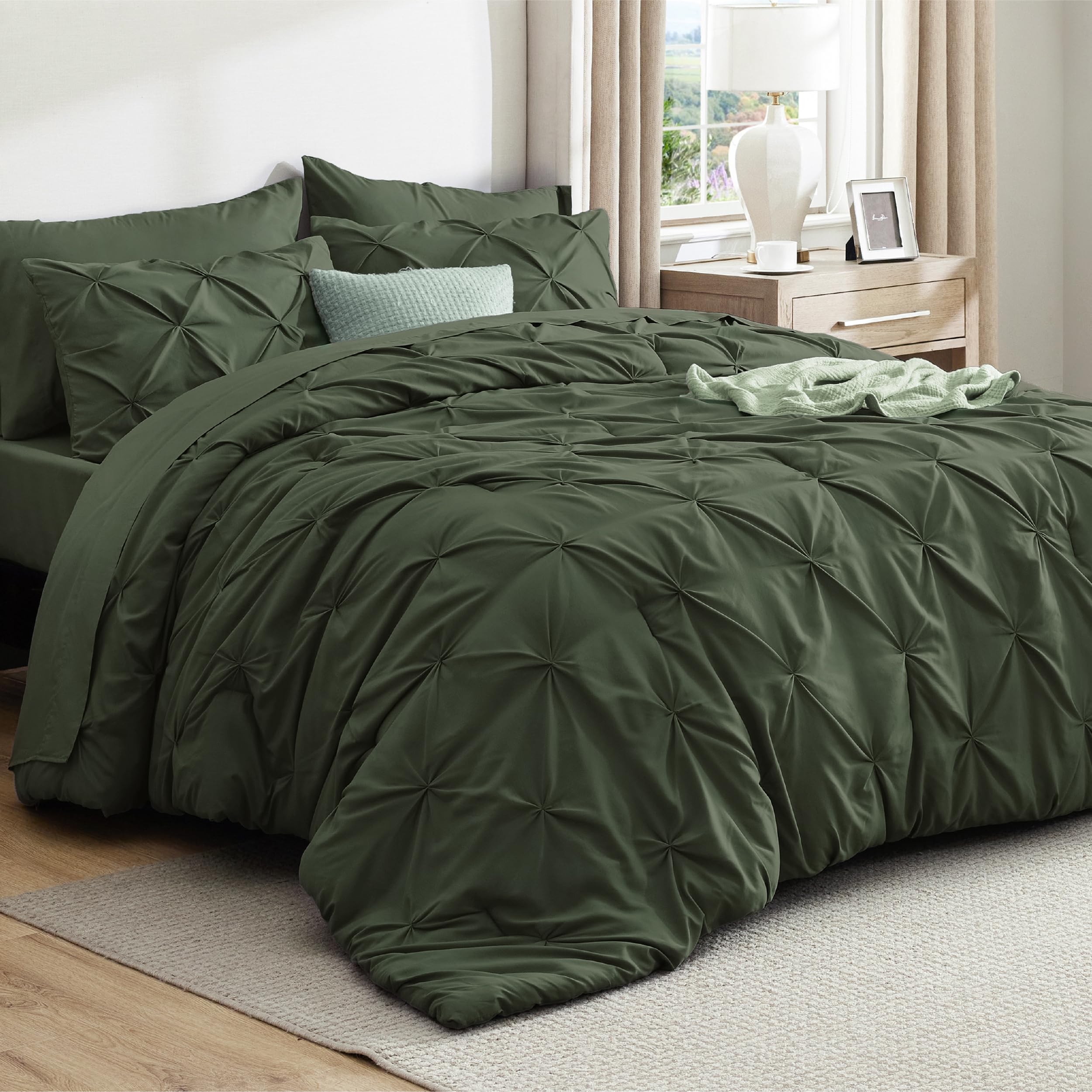 Photo 1 of Bedsure California King Comforter Set Olive Green - Bed in a Bag California King 7 Pieces, GentleSoft™ Pintuck Bed Set Gift for Family, Pinch Pleat Green Comforter with Sheets, Pillowcases & Shams